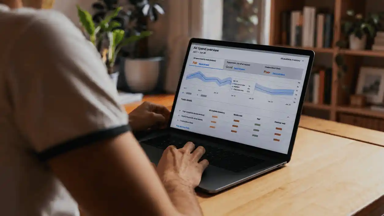 A marketer reviewing a Google Ads spend overview on a laptop