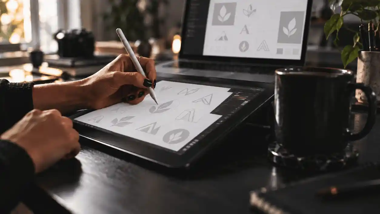 A designer sketching logo concepts on a tablet beside a laptop